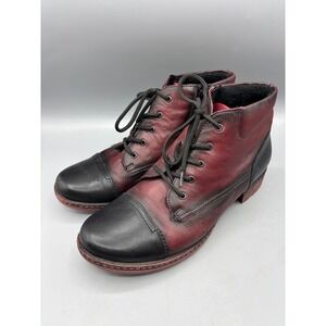 Remonte Size 38 Boots Womens Red Black Leather Lace Up Ankle‎ Grunge Moto